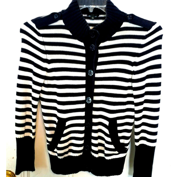 Petite Cardigan Navy Blue White Striped Nautical Military Beach - Picture 1 of 7